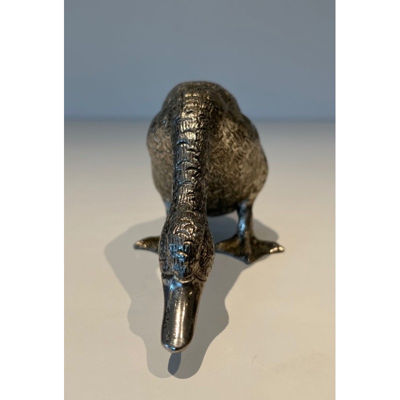 Finely Chiselled Silvered Bronze Duck in Feeding Pose, French Work, circa 1970