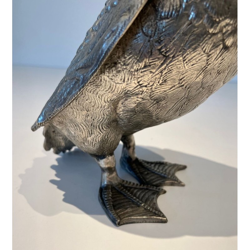 Large Silvered Bronze Duck, Standing with Head Raised, French Work, circa 1970