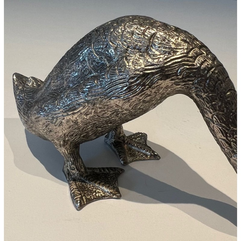 Finely Chiselled Silvered Bronze Duck in Feeding Pose, French Work, circa 1970