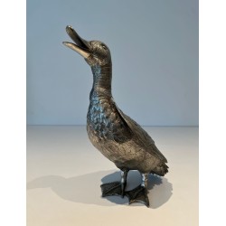 Large Silvered Bronze Duck, Standing with Head Raised, French Work, circa 1970