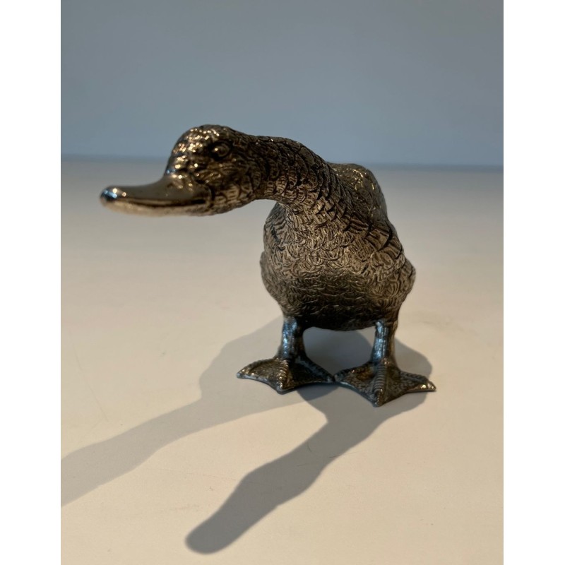 Finely Chiselled Silvered Bronze Duck, French Work, circa 1970