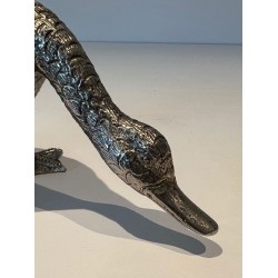 Finely Chiselled Silvered Bronze Duck in Feeding Pose, French Work, circa 1970