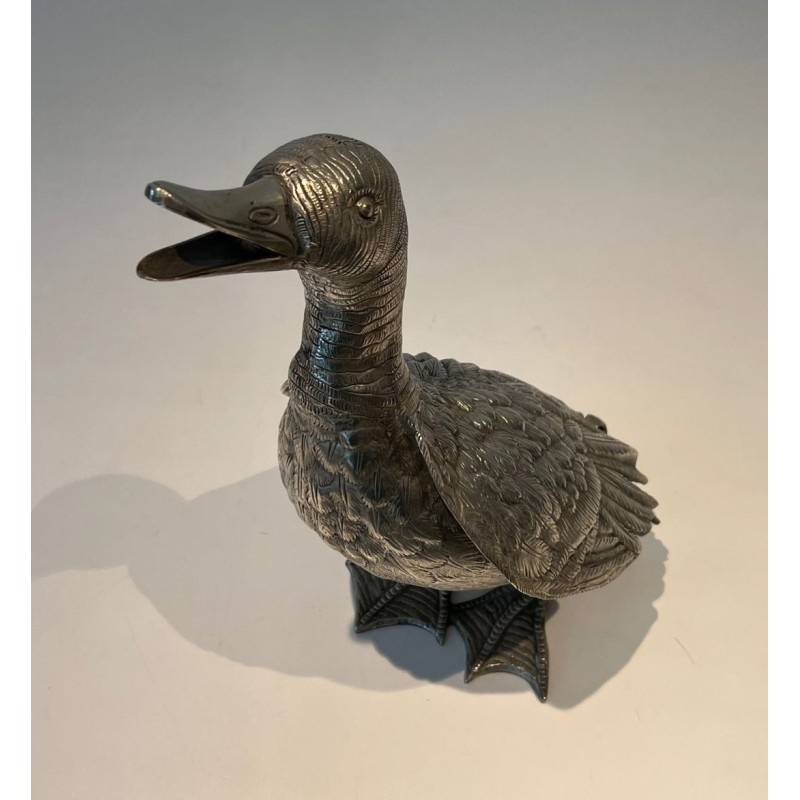 Large Silvered Bronze Duck, Standing with Head Raised, French Work, circa 1970