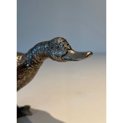 Finely Chiselled Silvered Bronze Duck, French Work, circa 1970