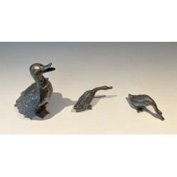 Finely Chiselled Silvered Bronze Duck in Feeding Pose, French Work, circa 1970