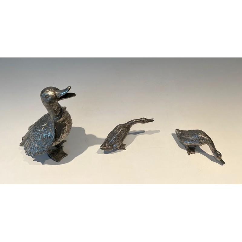 Finely Chiselled Silvered Bronze Duck in Feeding Pose, French Work, circa 1970