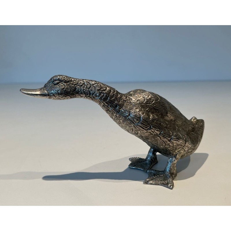Finely Chiselled Silvered Bronze Duck, French Work, circa 1970