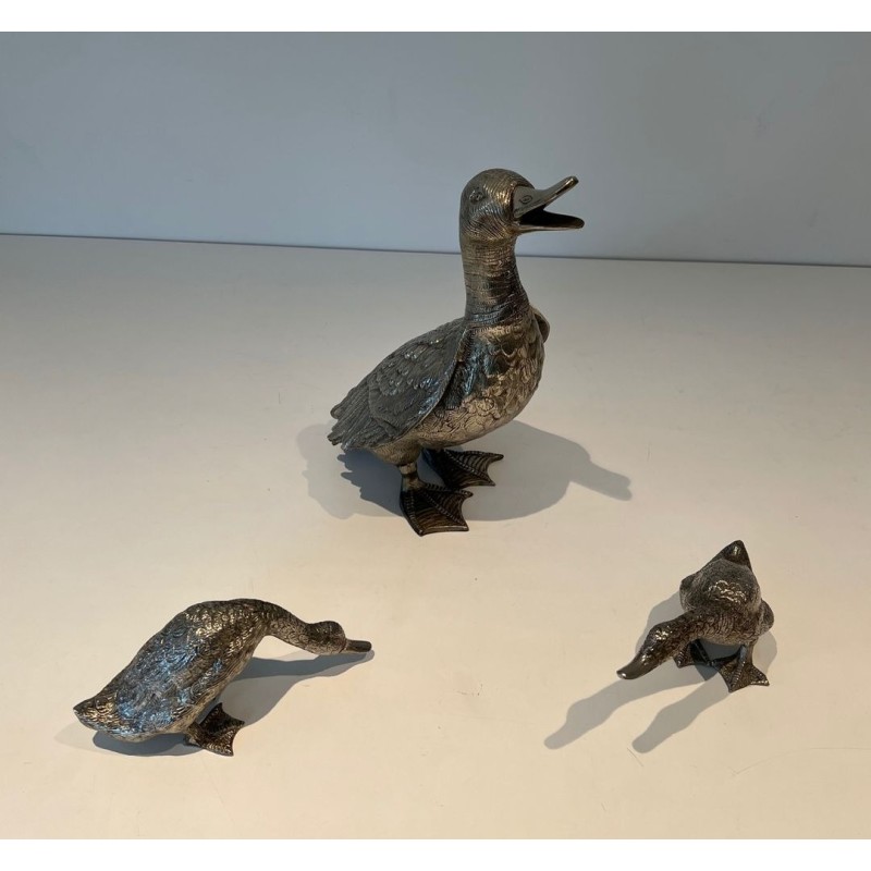 Finely Chiselled Silvered Bronze Duck in Feeding Pose, French Work, circa 1970