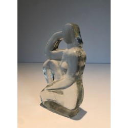 Art Deco Style Clear Glass Female Nude Sculpture, French Work, circa 1970