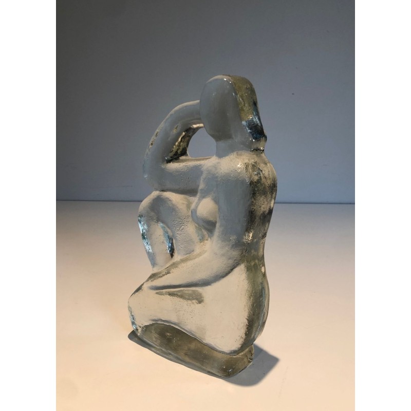 Art Deco Style Clear Glass Female Nude Sculpture, French Work, circa 1970