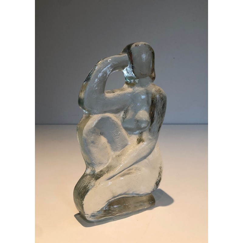 Art Deco Style Clear Glass Female Nude Sculpture, French Work, circa 1970