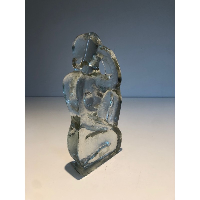 Art Deco Style Clear Glass Female Nude Sculpture, French Work, circa 1970