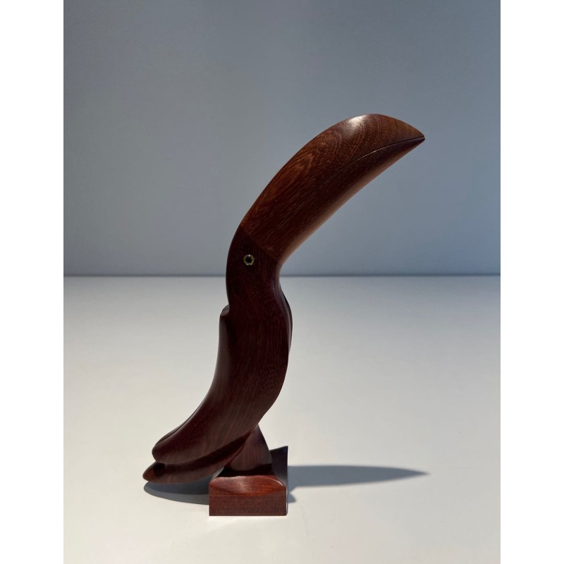 Decorative Exotic Hardwood Toucan Sculpture with Glass Eyes, French circa 1970