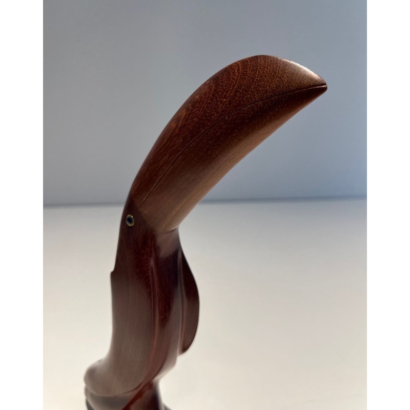 Decorative Exotic Hardwood Toucan Sculpture with Glass Eyes, French circa 1970