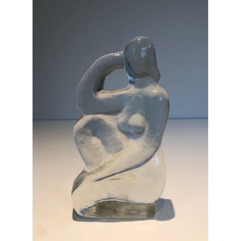 Art Deco Style Clear Glass Female Nude Sculpture, French Work, circa 1970