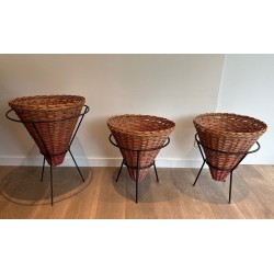 Set of Three Rattan and Black Metal Tripod Planters, French circa 1950