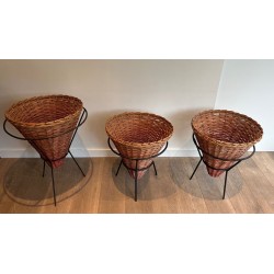 Set of Three Rattan and Black Metal Tripod Planters, French circa 1950
