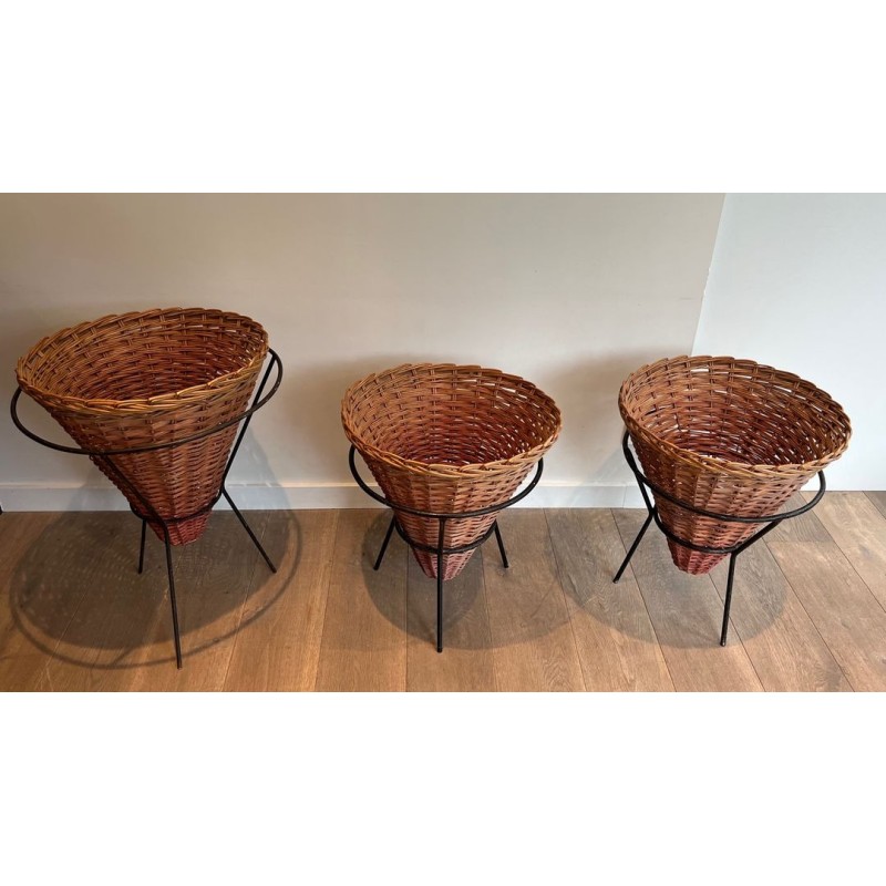 Set of Three Rattan and Black Metal Tripod Planters, French circa 1950