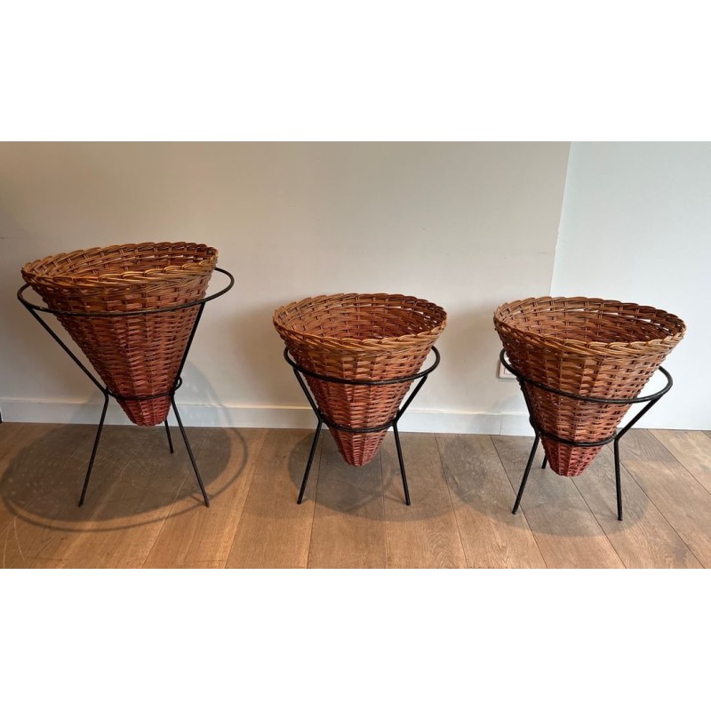 Set of Three Rattan and Black Metal Tripod Planters, French circa 1950