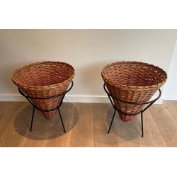 Set of Three Rattan and Black Metal Tripod Planters, French circa 1950