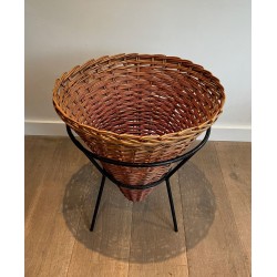 Set of Three Rattan and Black Metal Tripod Planters, French circa 1950