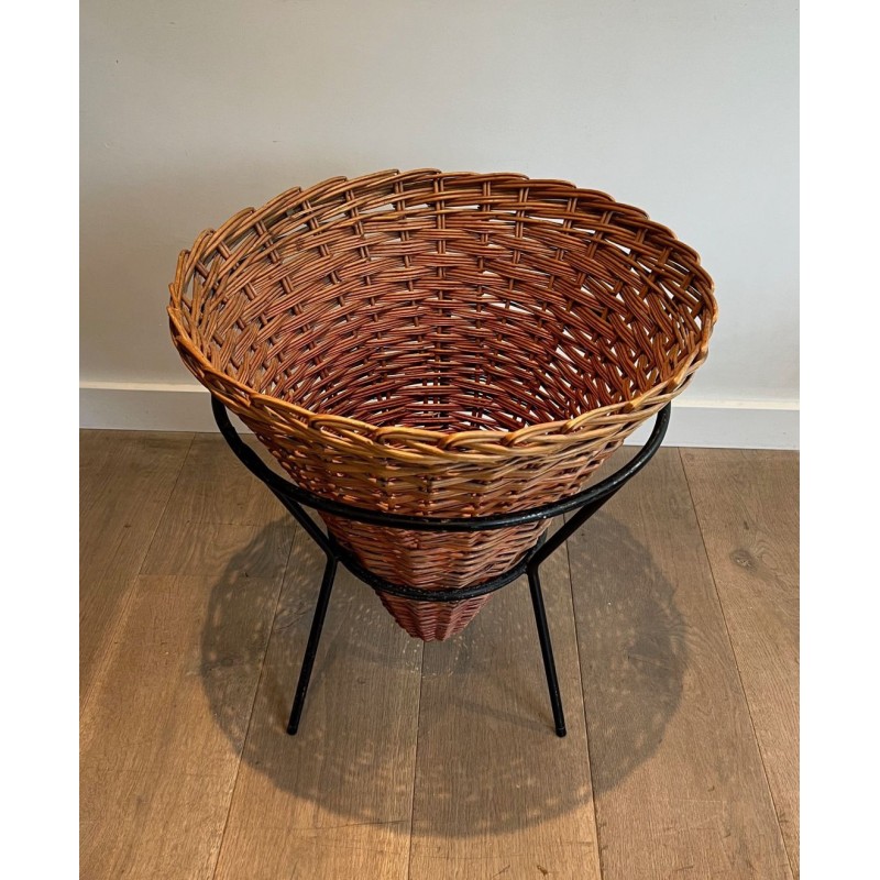 Set of Three Rattan and Black Metal Tripod Planters, French circa 1950