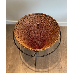 Set of Three Rattan and Black Metal Tripod Planters, French circa 1950