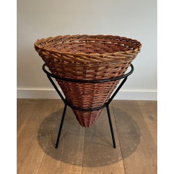 Set of Three Rattan and Black Metal Tripod Planters, French circa 1950