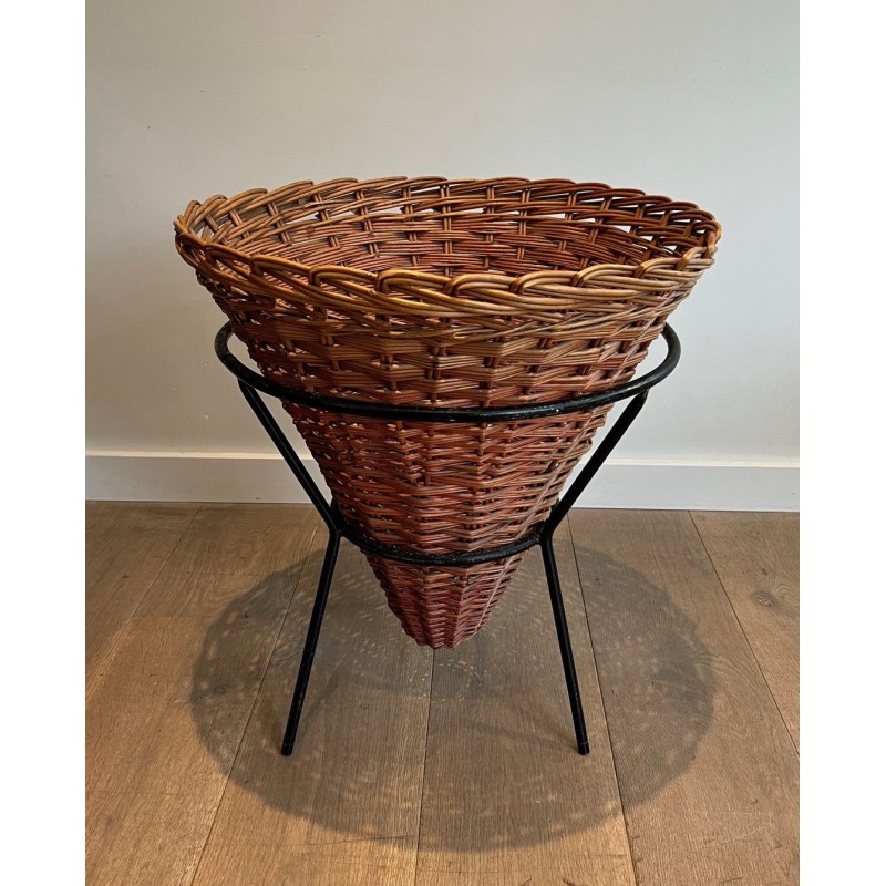 Set of Three Rattan and Black Metal Tripod Planters, French circa 1950