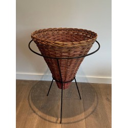 Set of Three Rattan and Black Metal Tripod Planters, French circa 1950