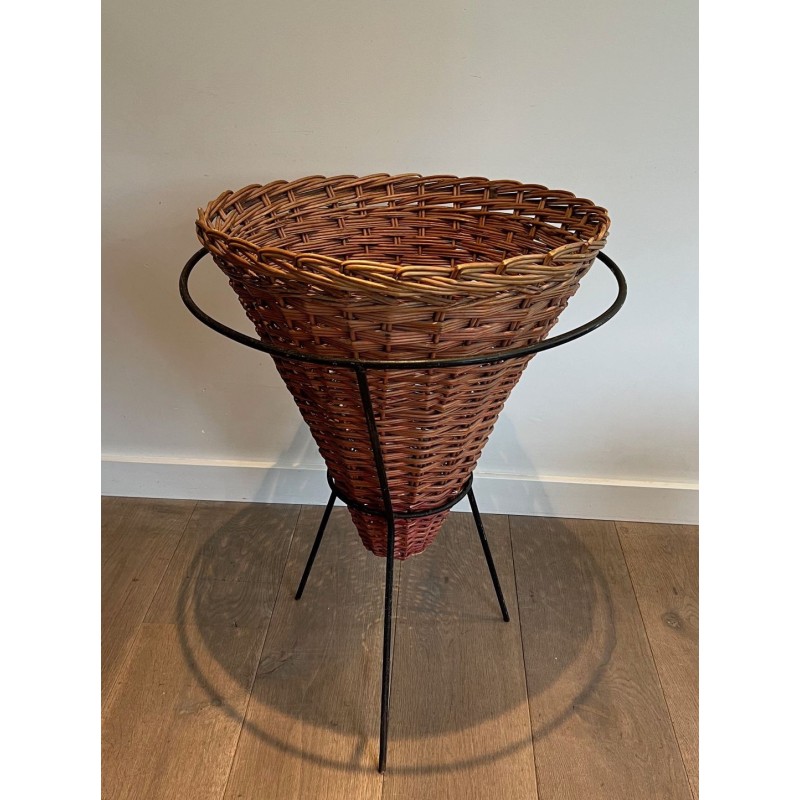 Set of Three Rattan and Black Metal Tripod Planters, French circa 1950