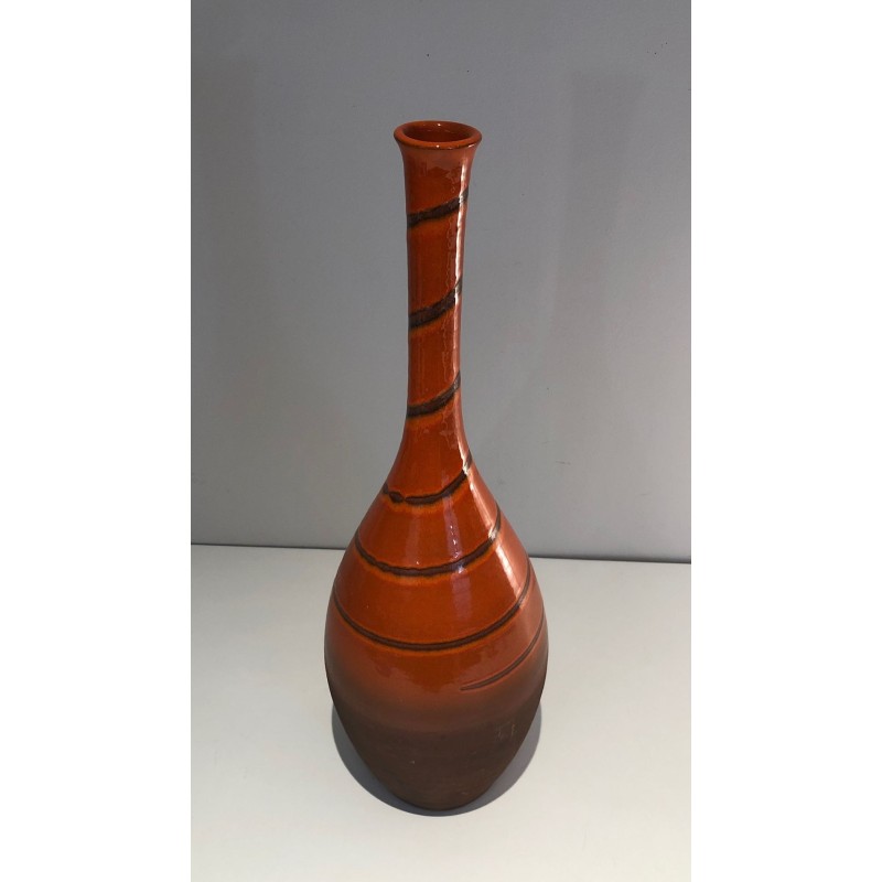 Grand Vase en Céramique Émaillée Terre Cuite à Décor de Bandes, France vers 1950