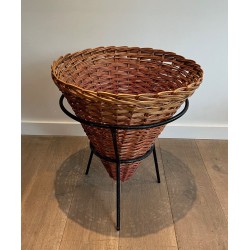 Set of Three Rattan and Black Metal Tripod Planters, French circa 1950
