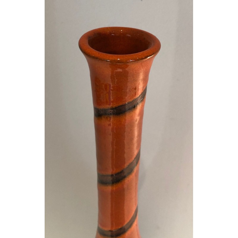 Tall Glazed Terracotta Ceramic Vase with Banded Decoration, French circa 1950