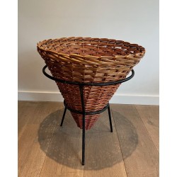 Suite de Trois Jardinières en Métal Laqué Noir et Rotin