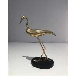 Modernist Polished Brass Heron Sculpture on Ebonised Wood Base, French circa 1970