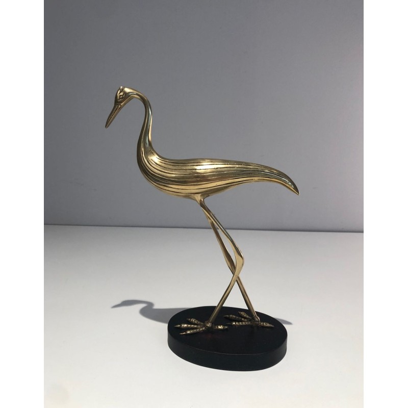 Modernist Polished Brass Heron Sculpture on Ebonised Wood Base, French circa 1970