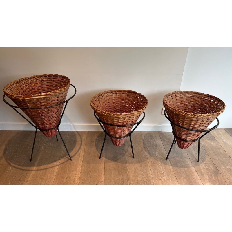 Set of Three Rattan and Black Metal Tripod Planters, French circa 1950