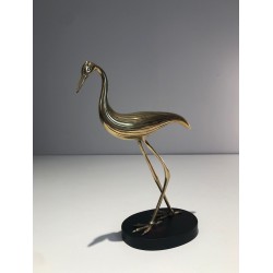 Modernist Polished Brass Heron Sculpture on Ebonised Wood Base, French circa 1970