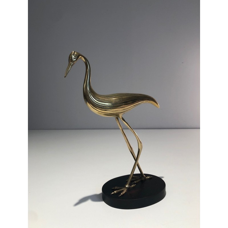 Modernist Polished Brass Heron Sculpture on Ebonised Wood Base, French circa 1970