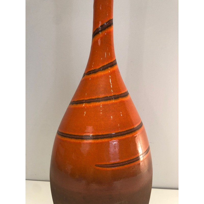 Tall Glazed Terracotta Ceramic Vase with Banded Decoration, French circa 1950