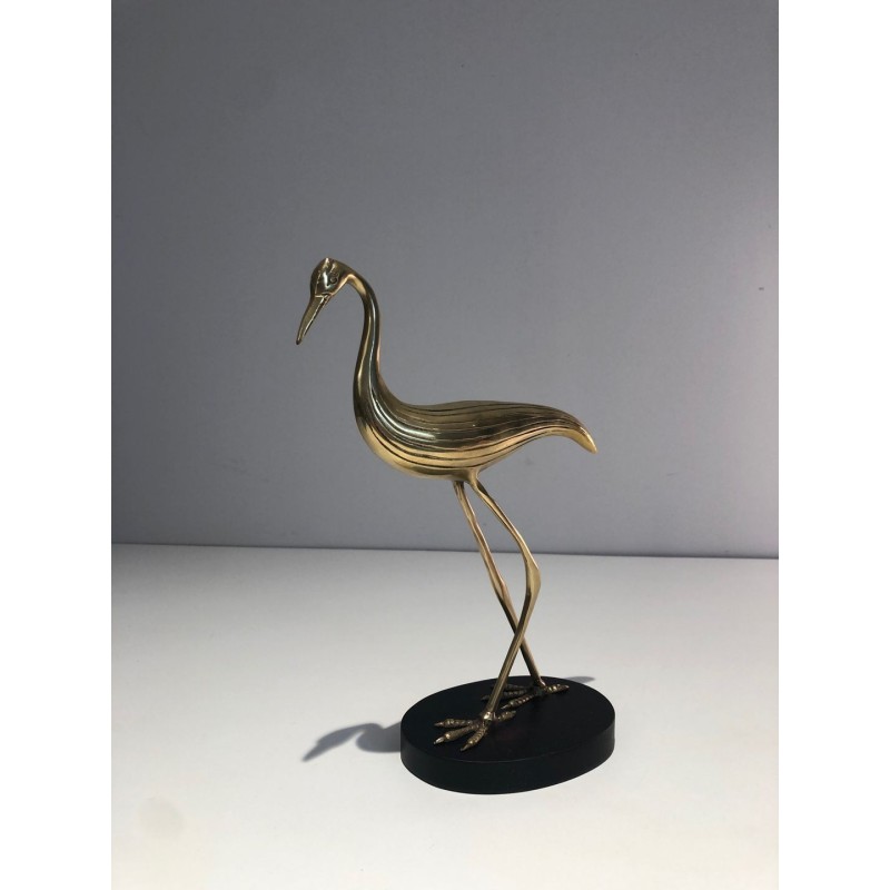 Modernist Polished Brass Heron Sculpture on Ebonised Wood Base, French circa 1970