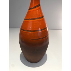 Tall Glazed Terracotta Ceramic Vase with Banded Decoration, French circa 1950