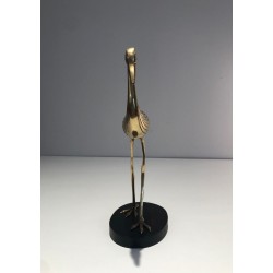 Modernist Polished Brass Heron Sculpture on Ebonised Wood Base, French circa 1970