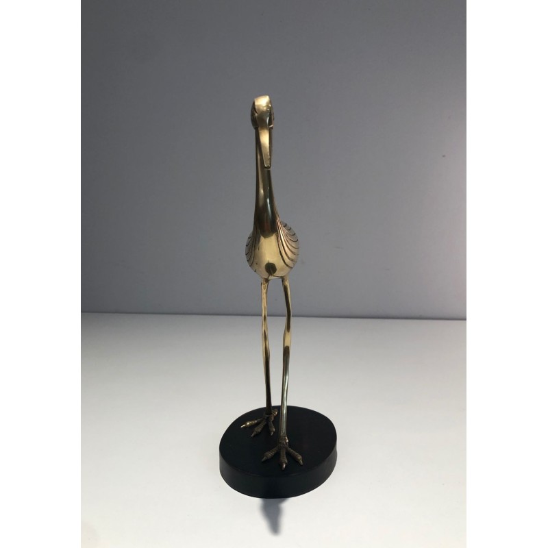 Modernist Polished Brass Heron Sculpture on Ebonised Wood Base, French circa 1970