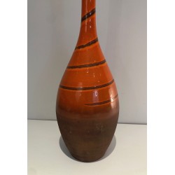 Tall Glazed Terracotta Ceramic Vase with Banded Decoration, French circa 1950
