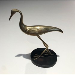 Modernist Polished Brass Heron Sculpture on Ebonised Wood Base, French circa 1970