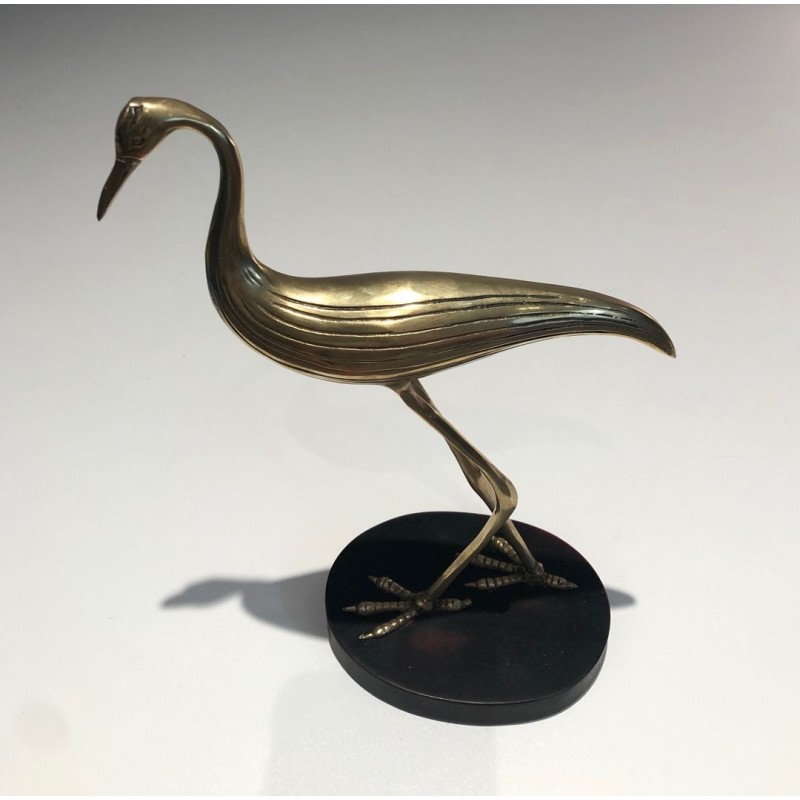 Modernist Polished Brass Heron Sculpture on Ebonised Wood Base, French circa 1970
