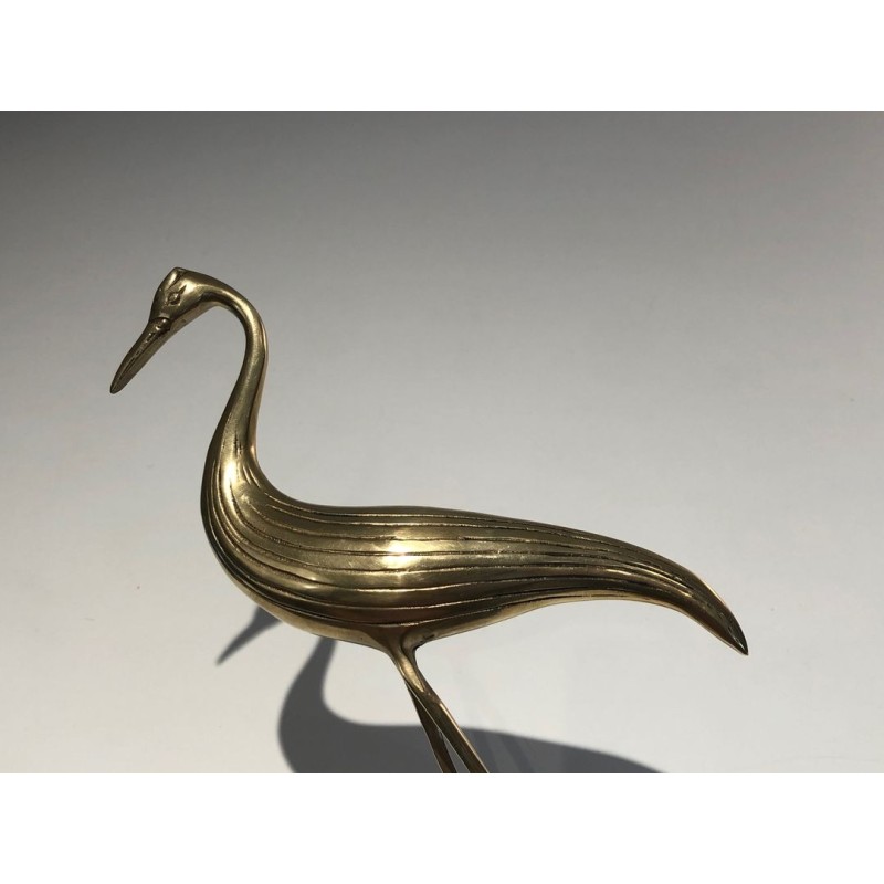 Modernist Polished Brass Heron Sculpture on Ebonised Wood Base, French circa 1970