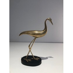 Modernist Polished Brass Heron Sculpture on Ebonised Wood Base, French circa 1970